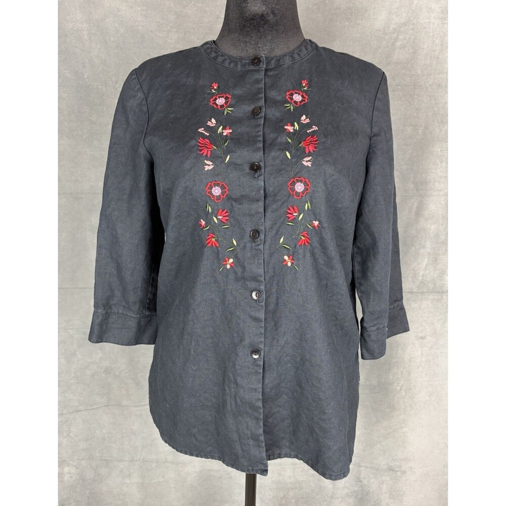 Style & Co 100% Linen Tunic Top Womens 10 Black Floral Embroidered Boho Country